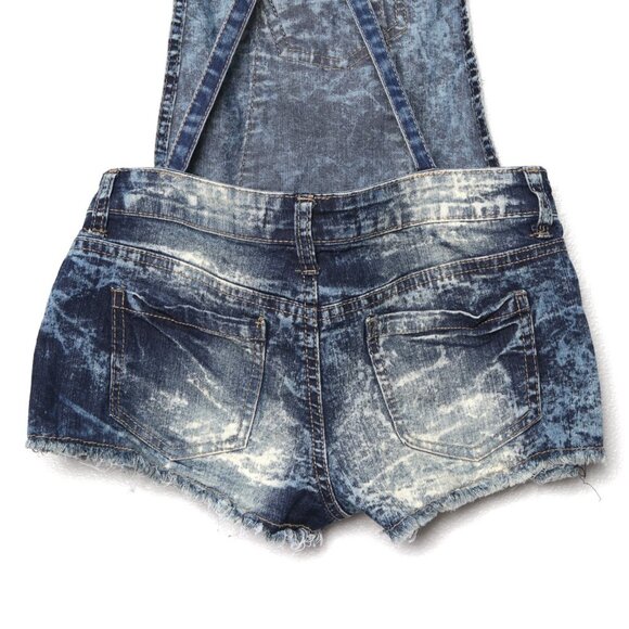 U2B Denim Dungarees Shorts Overalls Cut-Offs Acid Wash Blue White Summer Pockets - Picture 4 of 9